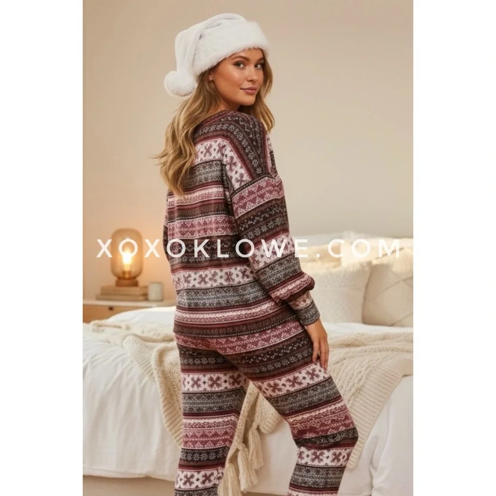 Peach Love Burgundy Faire Isle Pajama Set | Soft Knit Loungewear - Picture 3 of 10
